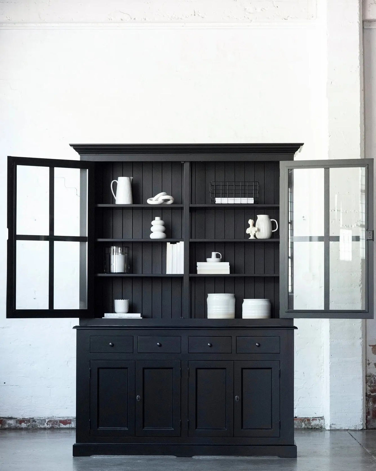 French Window Cabinet - Black - Rustic Charm Interiors - Doors open
