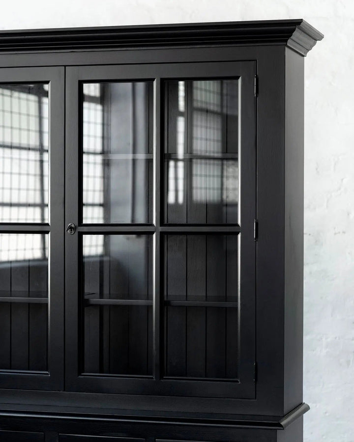 French Window Cabinet - Black | Rustic Charm Interiors - Cornice Crown Detail