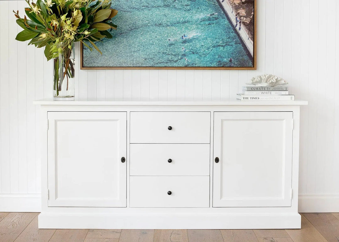 New England Buffet - Polar White | Rustic Charm Interiors - Beautifully Styled with Artworls depicting a beach scene