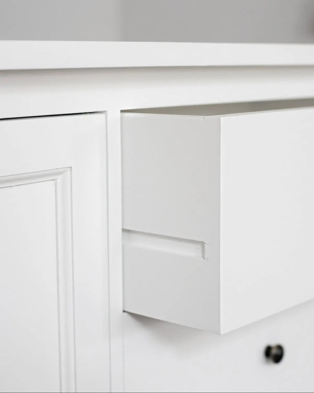 New England Buffet - Polar White | Rustic Charm Interiors - Drawer Runner Detail