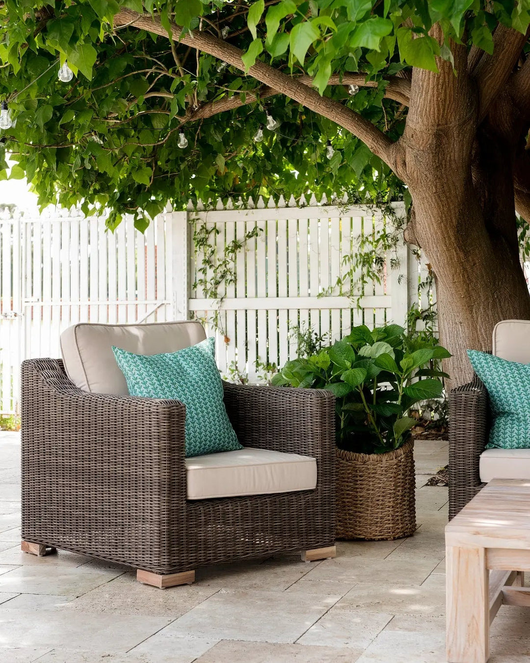 Provence Outdoor Armchair in Brown Rattan weave and Espresso upholstery - Archive Sale Rustic Charm Interiors