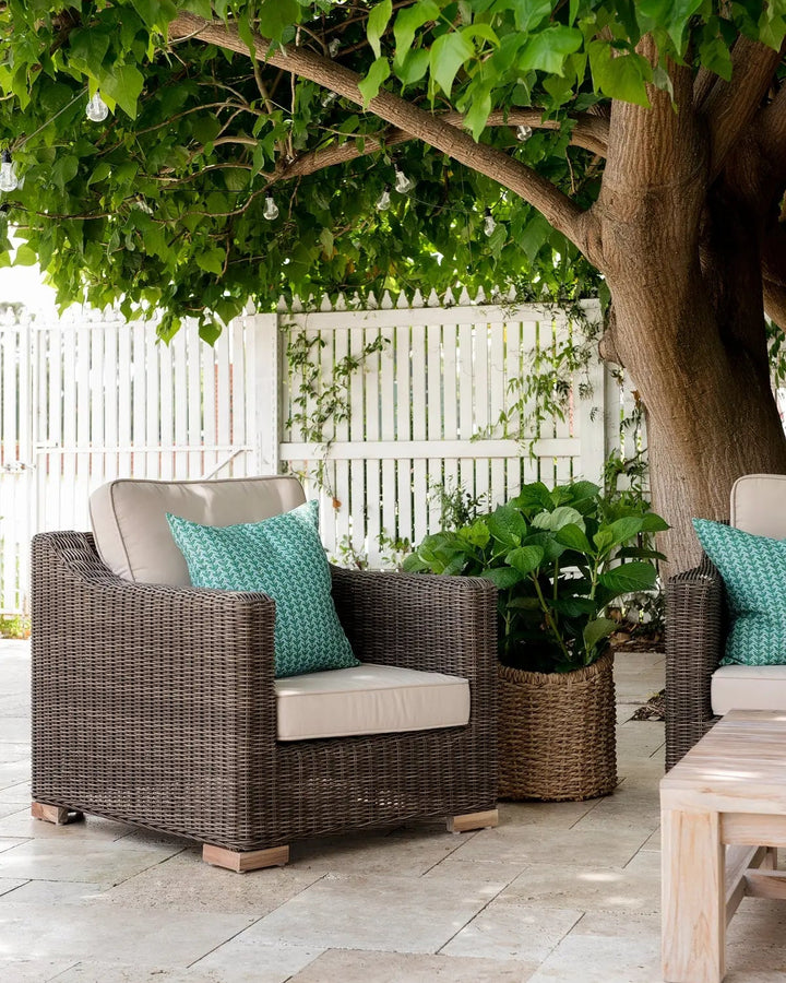Provence Outdoor Armchair in Brown Rattan weave and Espresso upholstery - Archive Sale Rustic Charm Interiors