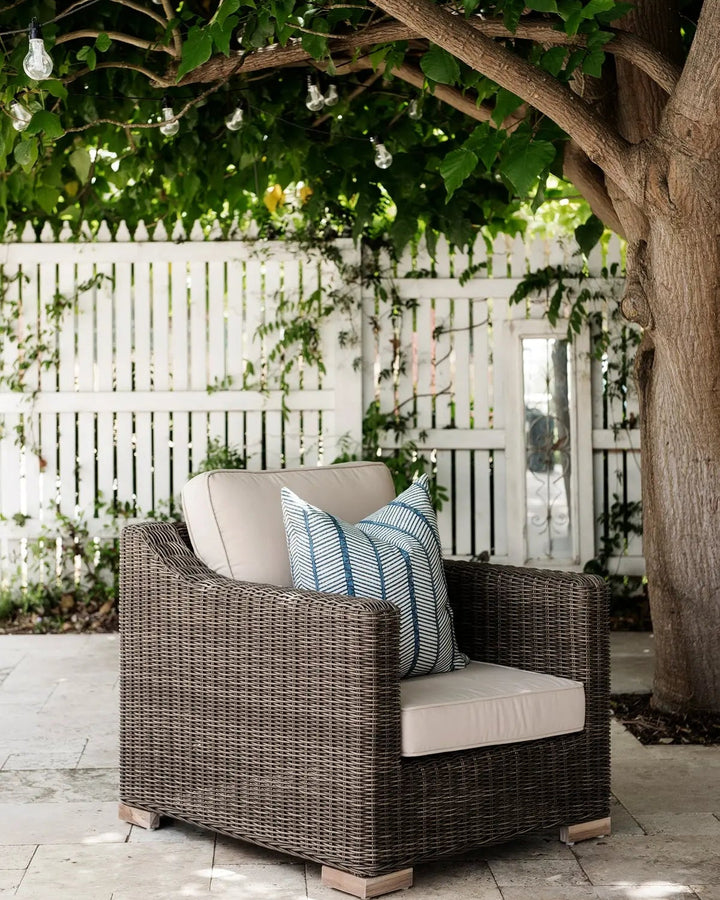 Provence Outdoor Lounge Armchair in Brown Rattan weave and Espresso upholstery Rustic Charm Interiors