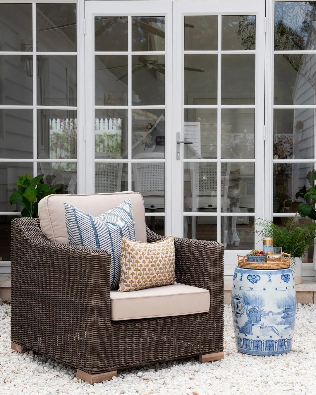 Provence Outdoor Lounge Armchair in Brown Rattan weave and Espresso upholstery Rustic Charm Interiors